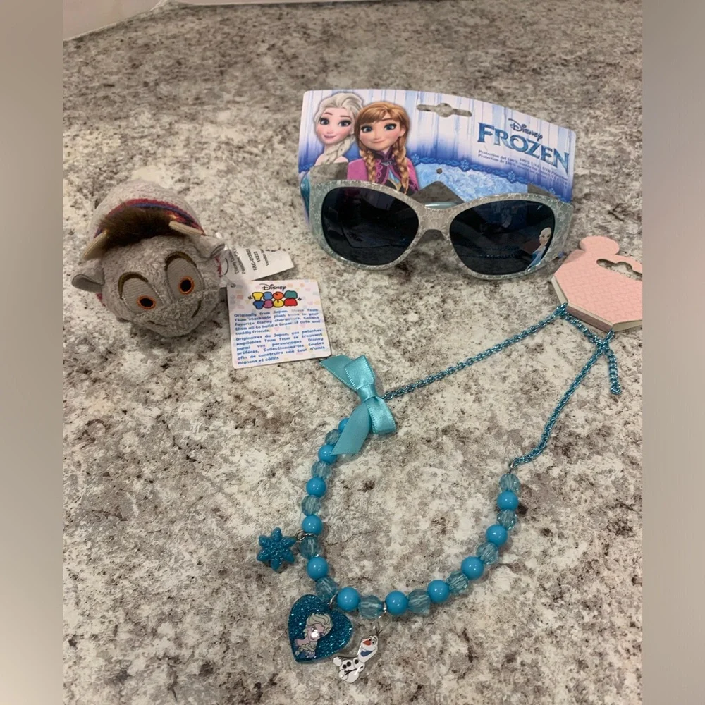 Disney frozen sunglasses, necklace, and stuffed animal lot